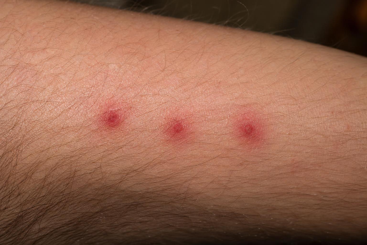 Bed bug bites in a row on skin
